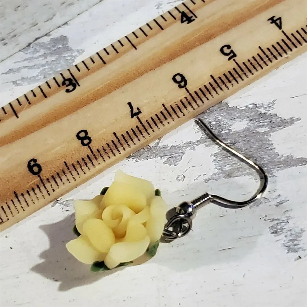 Hand Crafted Fimo Polymer Clay Yellow Rose Flower Bead Dangle Earrings